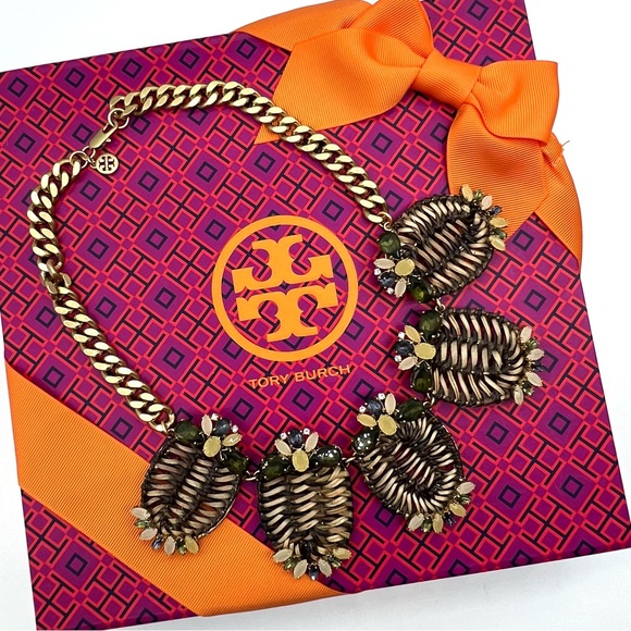 Tory Burch Raffia Woven Statement Necklace • Crystal & Stone Accents • NIB